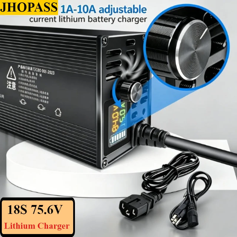 75.6V 1A-10A Smart 18S LCD Adjustable Current DC64V 220V LiFePO4 Lithium Charger for Forklift Truck Floor Scrubber UK EU AU Plug