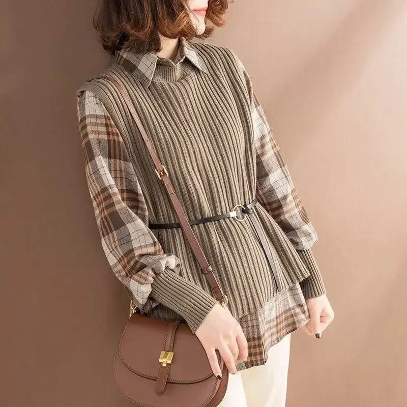 

Fashion Lapel Spliced Knitted Fake Two Pie Lattice Shirt Women Clothing 2022 Autumn All-match Casual Tops Loose Korean Blouse