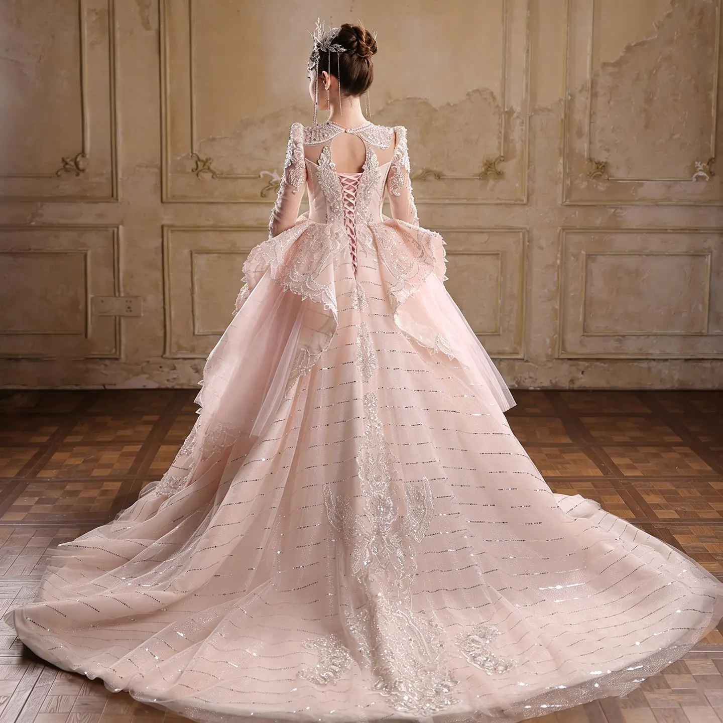 Jill Wish J016 Luxury Pink Flower Girl Dress Long Sleeve Lace Sequin Ball Gown Kids Wedding Party Gowns Children Pageant Evening