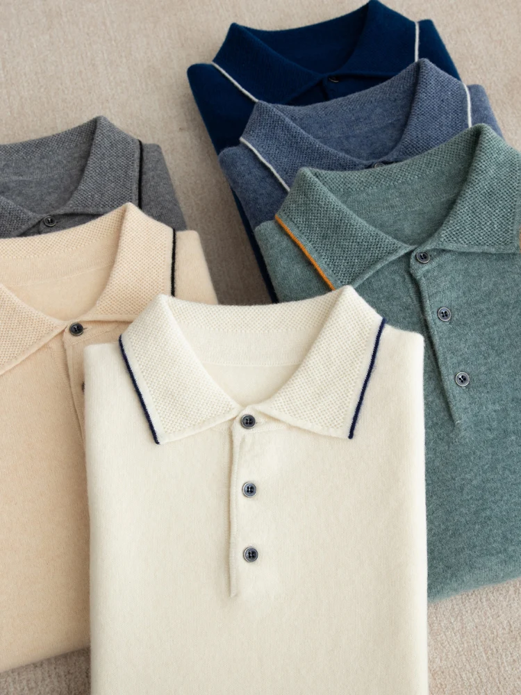 

100% австралийская шерсть, трикотажная футболка-поло с короткими рукавами, свободная, большого размера, контрастного цвета, с половиной рукавов, деловая повседневная футболка