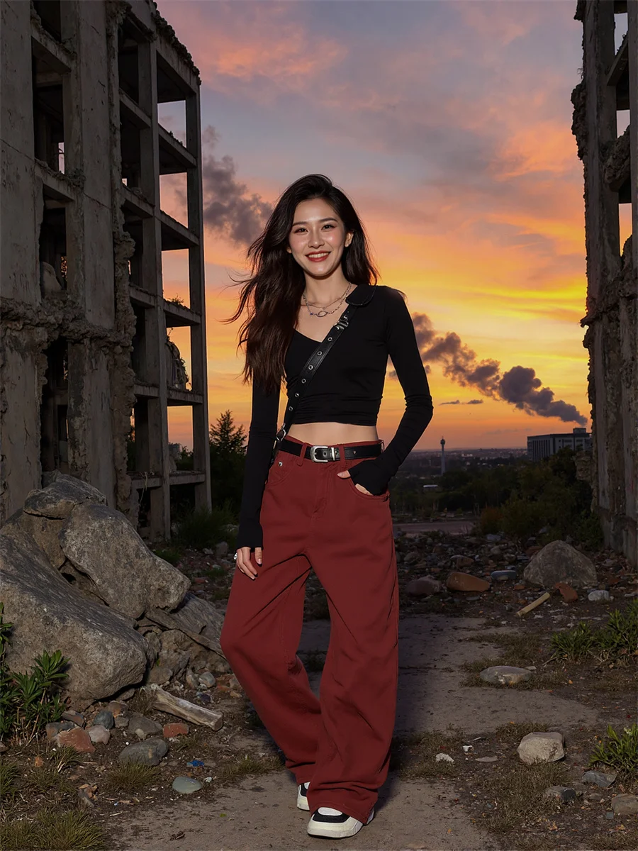 

Красные свободные джинсы с широкими штанинами в пол, женские джинсы-клеш с высокой талией в стиле пэчворк, с шипами, в стиле панк, для вечеринок, с подтяжкой бедер, облегающий крой