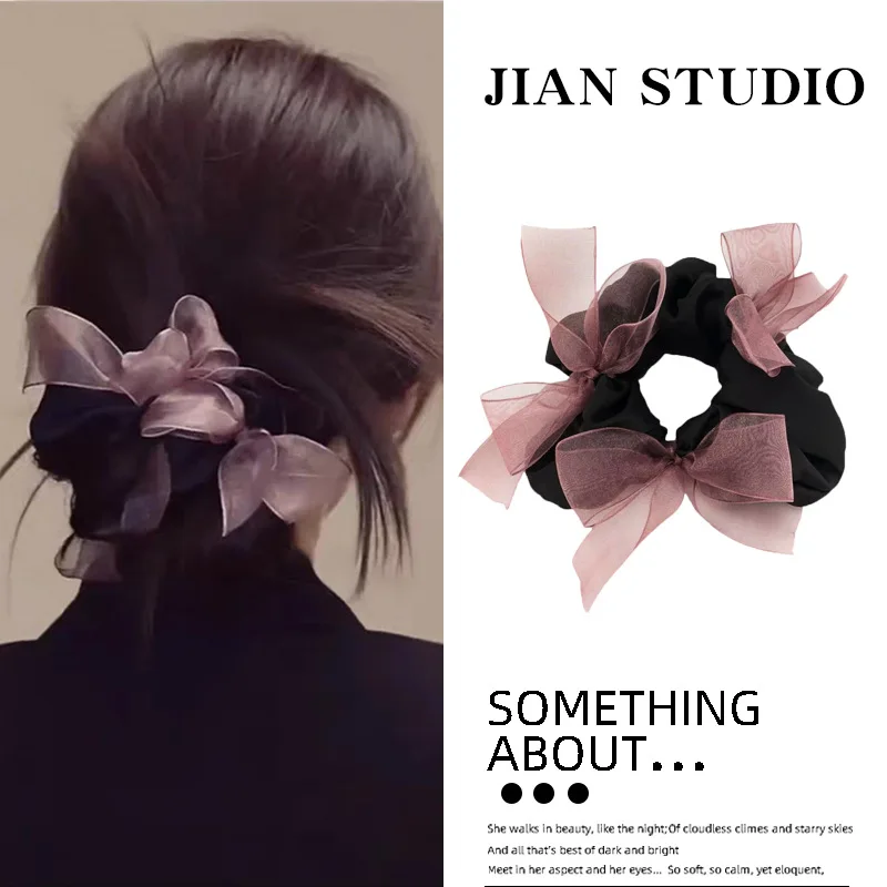 

2025 New Girl Korean Elegant Sheer Bow Scrunchie Gentle Cute Bow Hair Tie High Elasticity Fashionable Hair Accessory for Women
