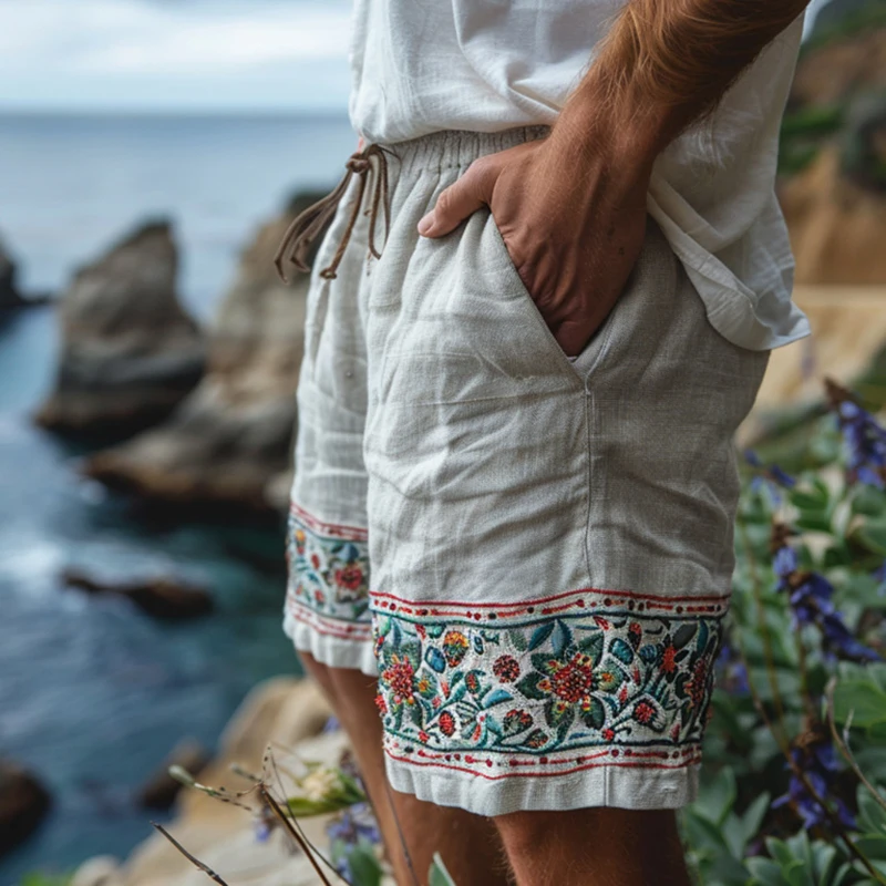 Vintage Florals Patchwork Cotton Shorts Men 2024 Summer Beach Casual Loose Drawstring Shorts Daily Leisure Mens Lace-up Shorts