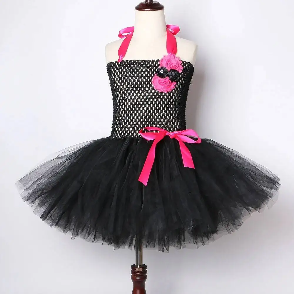 Baby Girls Hot Pink Black Cat Costumes for Kids Animal Halloween Outfit Little Kitty Ballet Tutu Dress with Ears Bowtie Tail Set