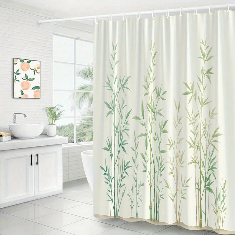 One Minimalist Shower Curtain Showcasing Vertically Arranged Green Stalks And Leaves on a Cream Backdrop, Offering a Clean, Asia