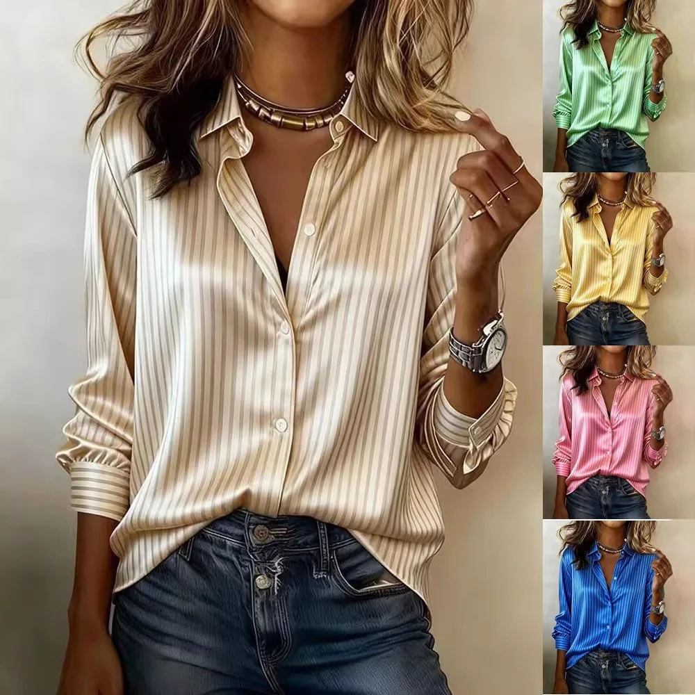 Spring Summer New Minimalist Striped Women Casual Shirts Fashion Lapel Female Long Sleeved Blouses Tops