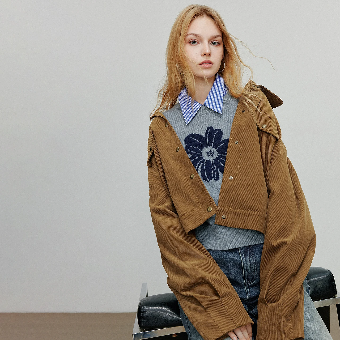 TOYOUTH chaqueta de mujer 2025 otoño nueva colección estilo Lulu pana Retro cuello empalmado abrigo corto suelto