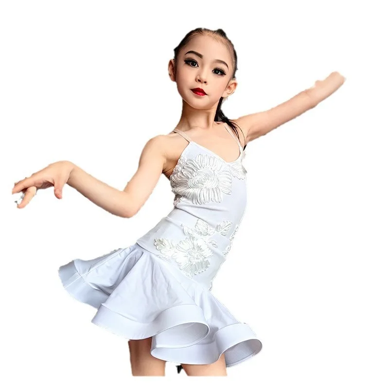 

Customized Strap Latin Dance Dress for Girls Professional Performance Wear Practice Suit Pure White Printed Floral Skirt Top Set