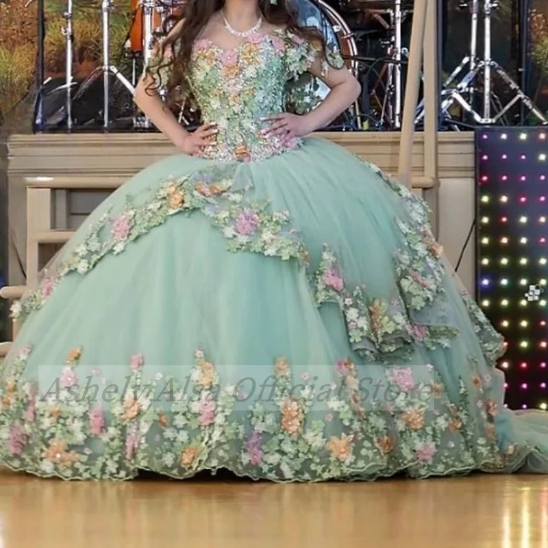 Suadi-Arabic Lime Quinceanera vestido de baile para meninas, Vestidos Princesa 3D, 15 Anos Doce 16, Vestido de festa para ocasiões especiais