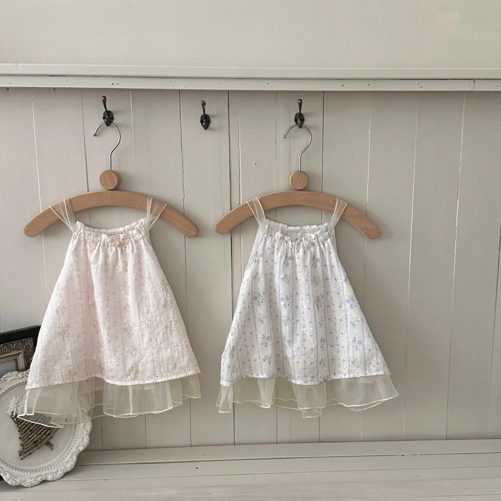 

2026 Summer New Baby Girl Sleeveless Sling Dress Infant Girls Sweet Embroidery Floral Princess Dress Cotton Toddler Clothes