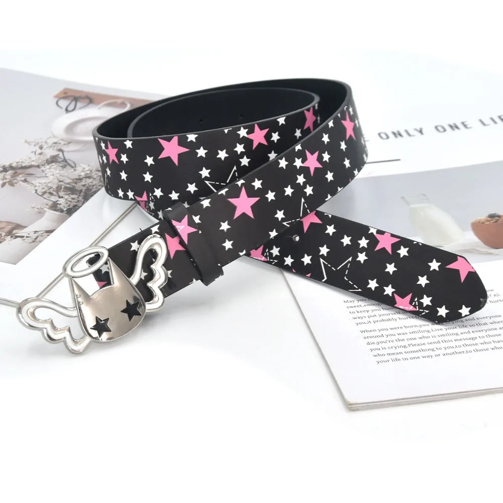 PU Leather Strap Women Waist Belt Casual Pink Bow Decor Y2K Waistband Adjustable All Over Star Print Decorative Jean Belt