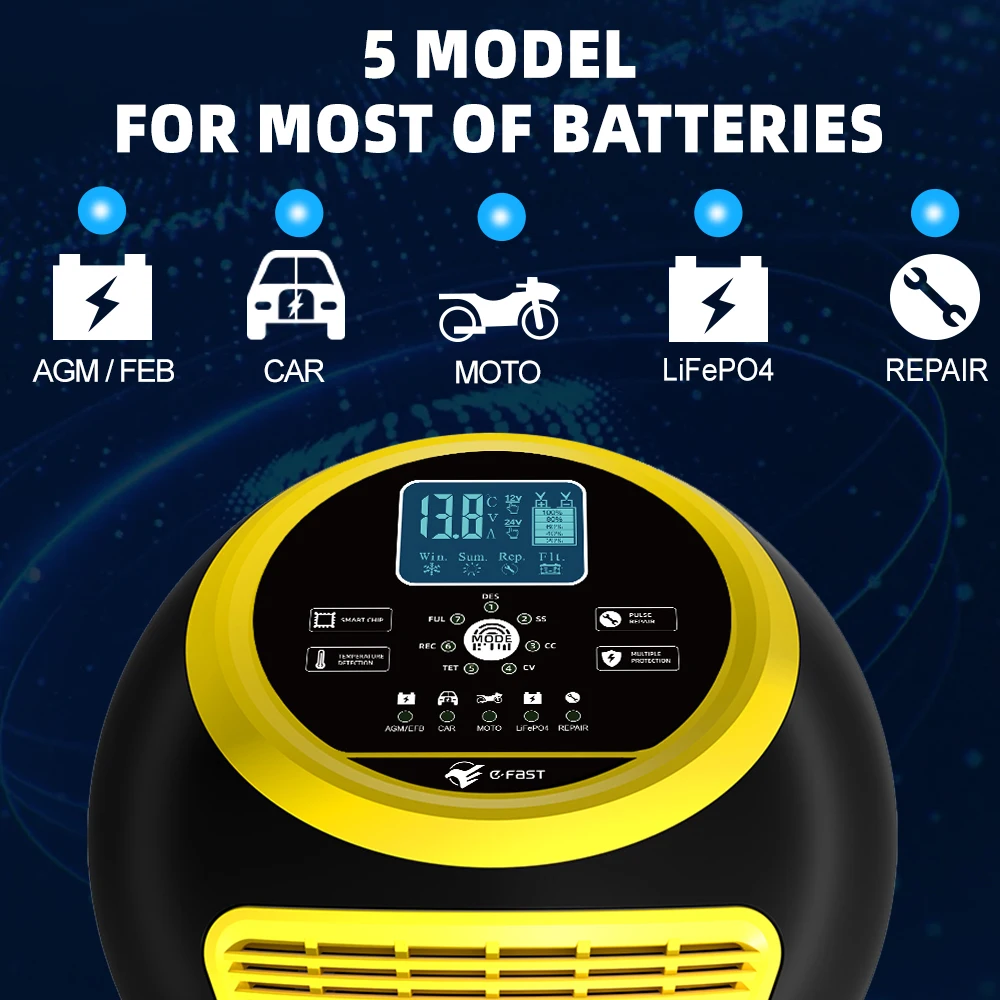 

Car Battery Charger LCD Display Motorcycle Battery Charging Device 12V20A Lead-acid Battery Smart Repair for Auto Lead Acid AGM