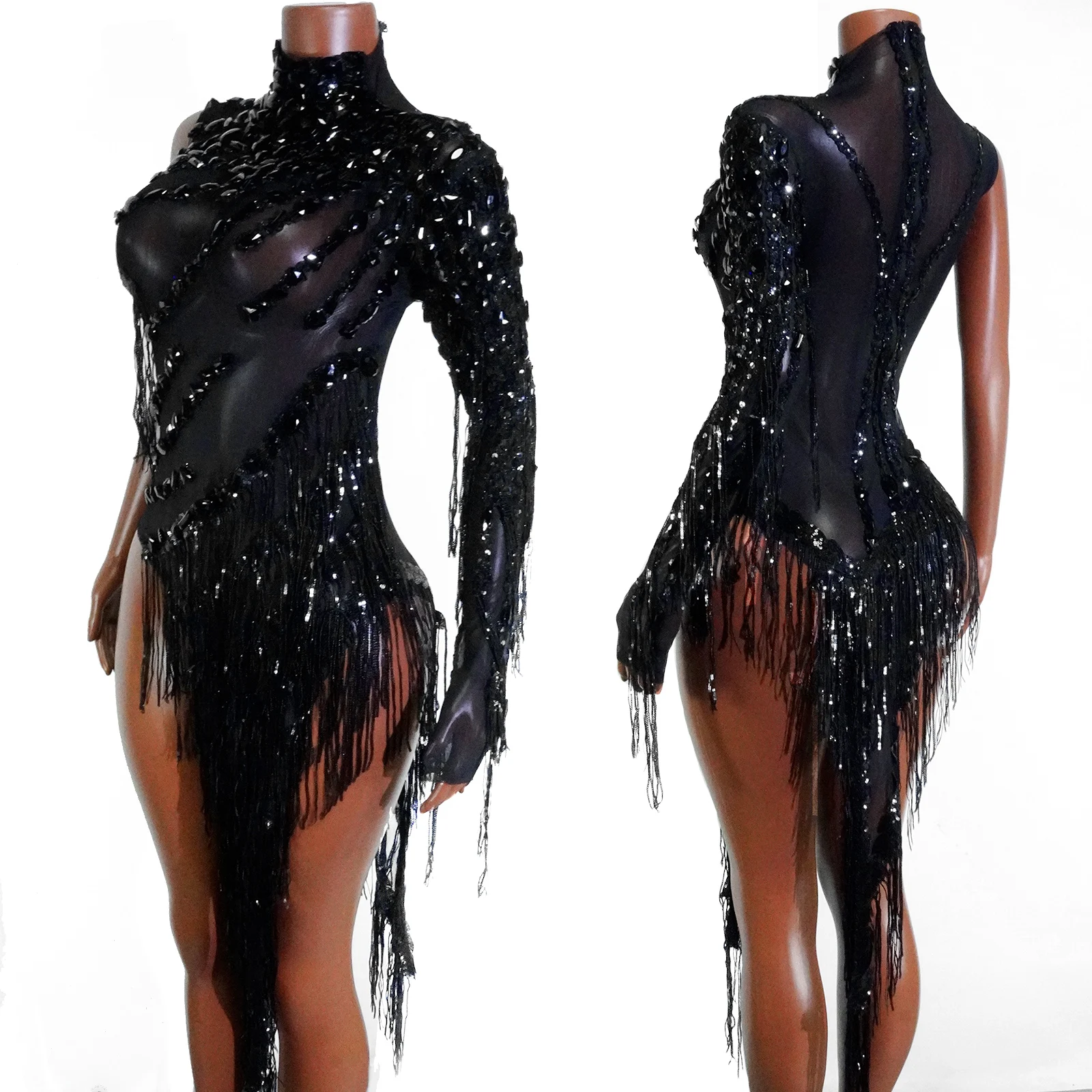 여성용 섹시한 오프숄더 드레스 라인스톤 태슬 댄스 공연 및 생일 파티 나이트클럽 가수 드래그 퀸