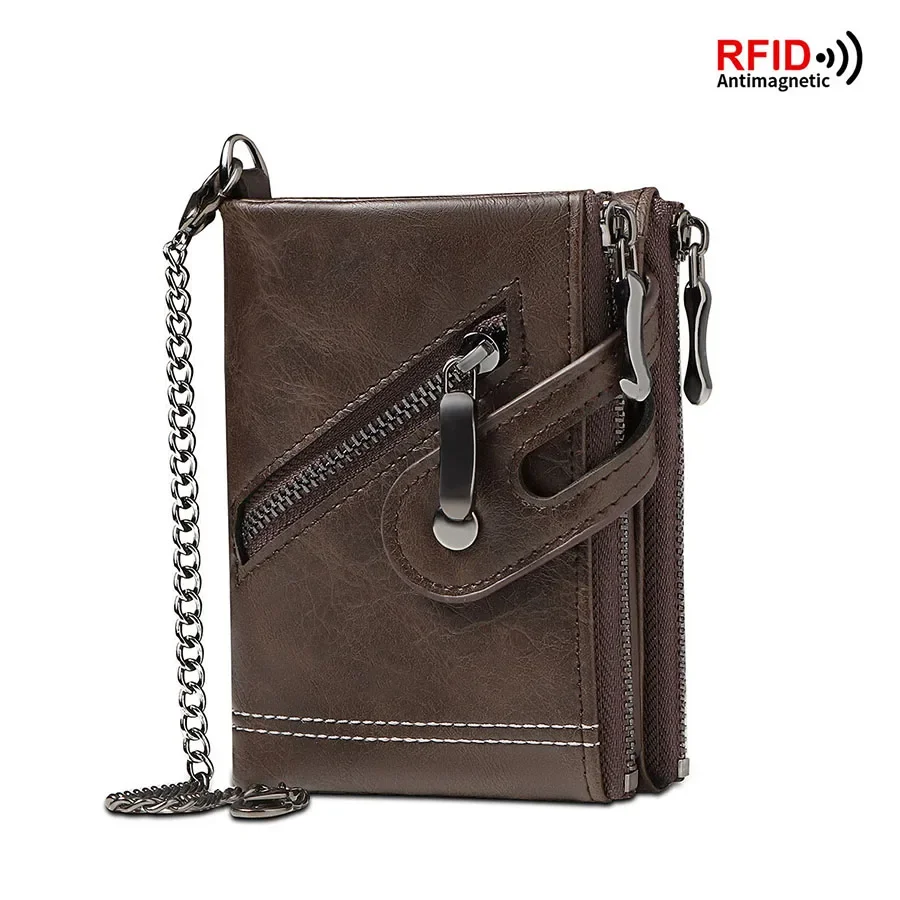 Men's Chain Wallet RFID Anti-Theft Men's Retro Leather Wallet Double Zipper Coin Purse Credit Card Holder for Men and Women