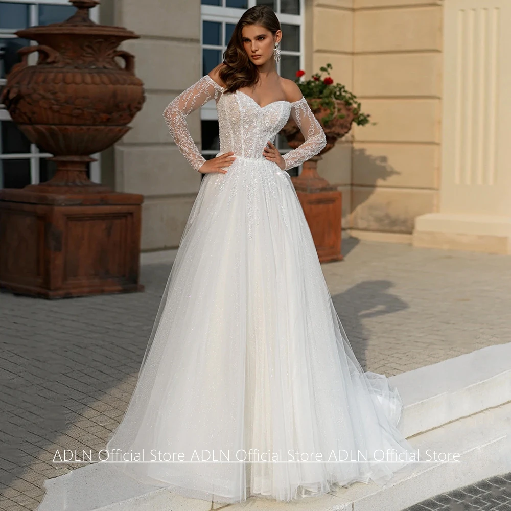Wedding Dress for Bride Customized Sweetheart Long Sleeves Sparkling Beading Sequined A Line Tulle Bridal Gown Robe Mariage