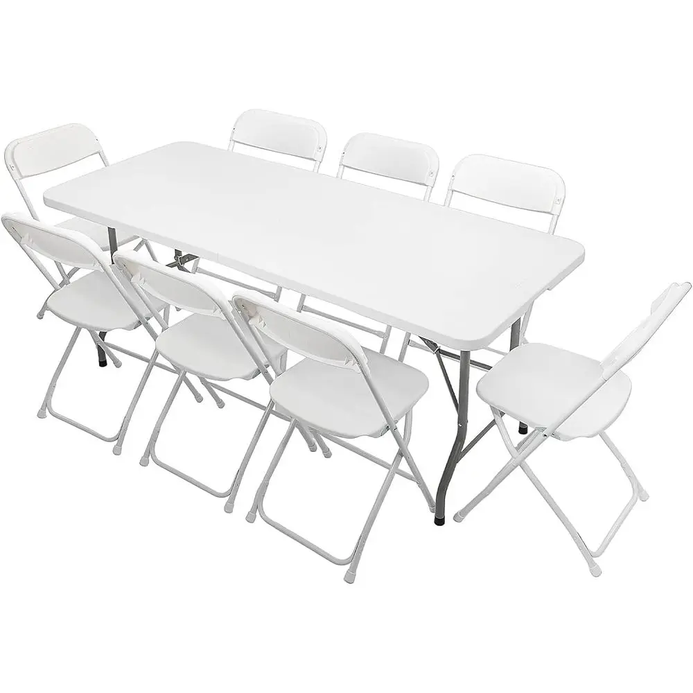 6-Piece Plastic Folding Table Set with 8 White Chairs for Picnics, Events, Training, Outdoors, and Home/Commercial Use