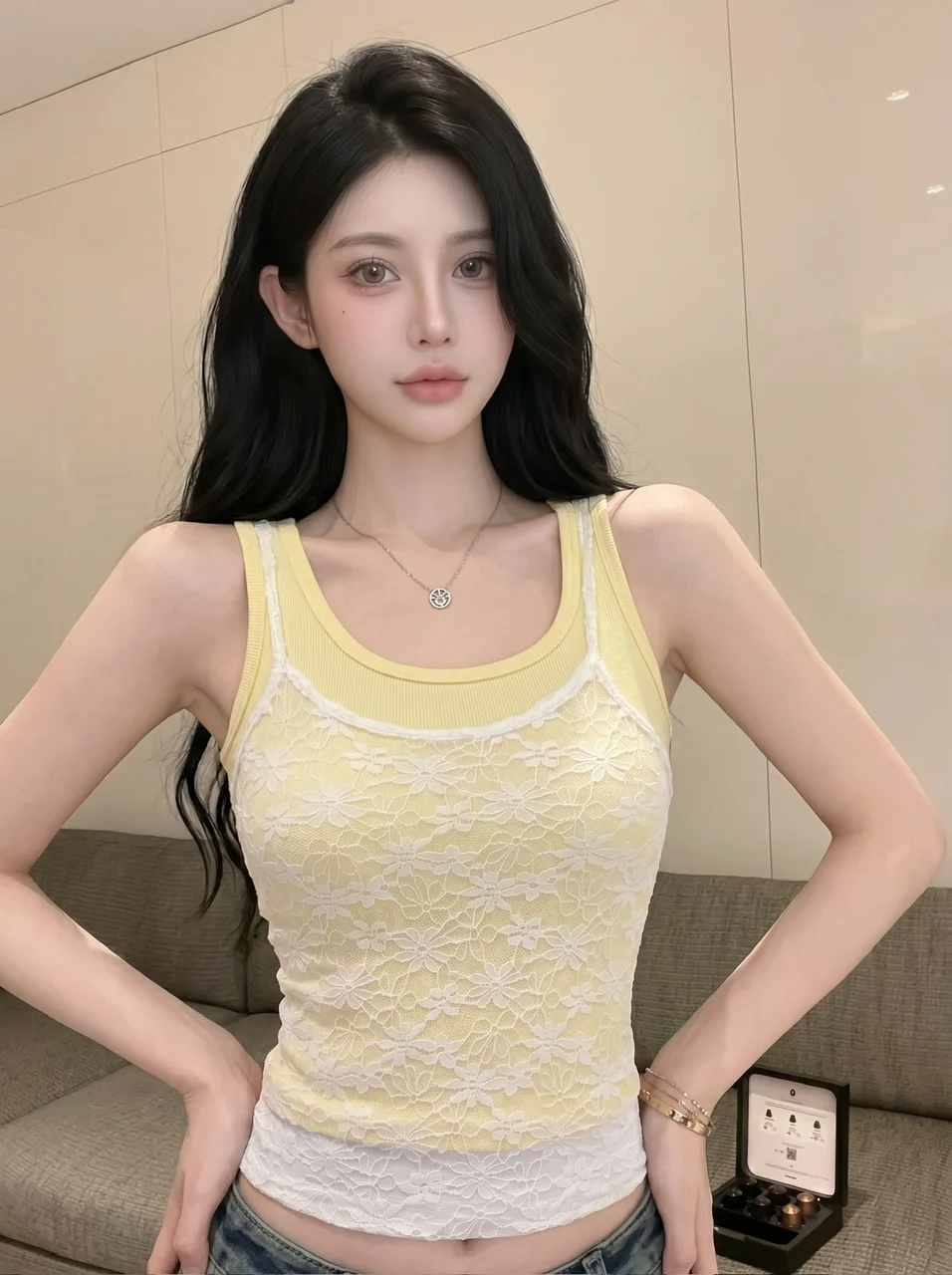 

Dopamine Lace Halter Vest Women's Outerwear Summer Thai Style Sweet Spicy Tube Top Two-Piece Set Breathable Knitted Standard Fit