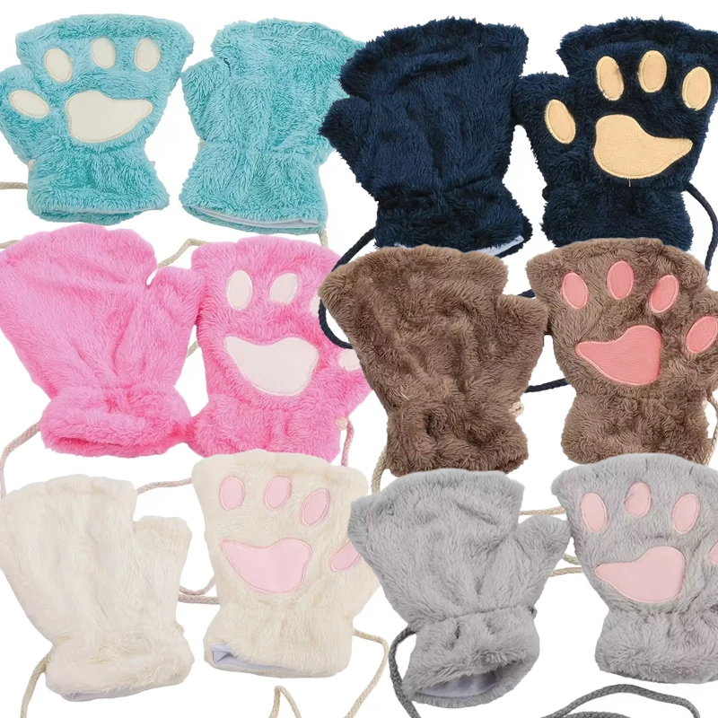 

Autumn Winter Women Plush Mittens Gloves Warm Soft Plush Short Fingerless Fluffy Bear Cat Gloves Costume Half Finger Girls Gifts