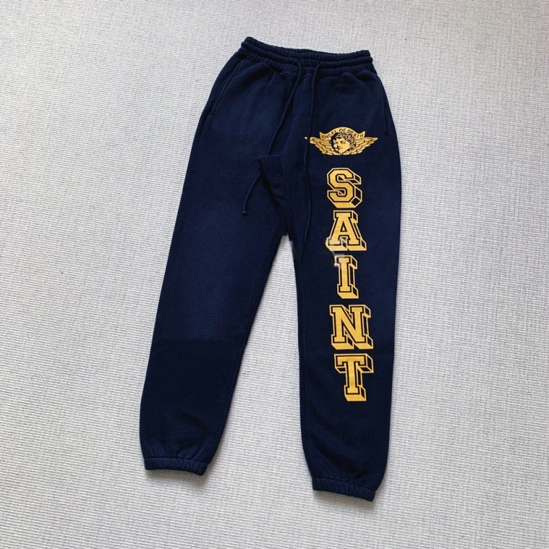 25SS Saint Michael Angel Jogger Sweat Pants Pure Cotton Navy Blue Pants Oversized Mens Pants