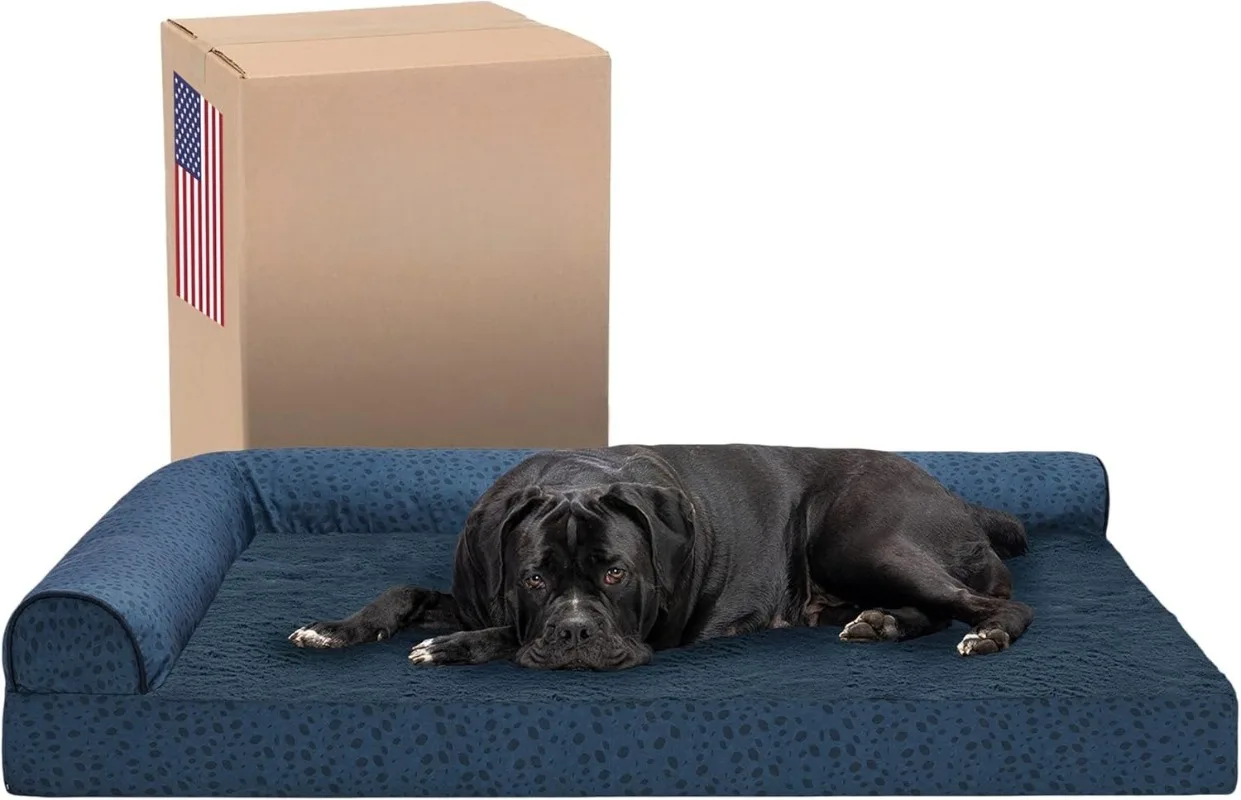Cama ortopédica para perros grandes con refuerzo extraíble y funda lavable, para perros de hasta 125 libras, estampado de felpa y almendra