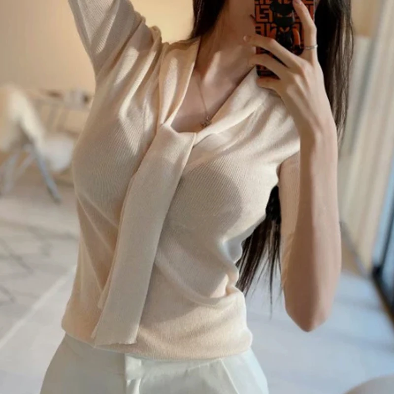 GAODINGLAN Desire Deep Low V Neck Sexy Women Knitted Tops Half Sleeve Thin Elastic Female T-shirts Tie Slim Fit Solid Color Tees