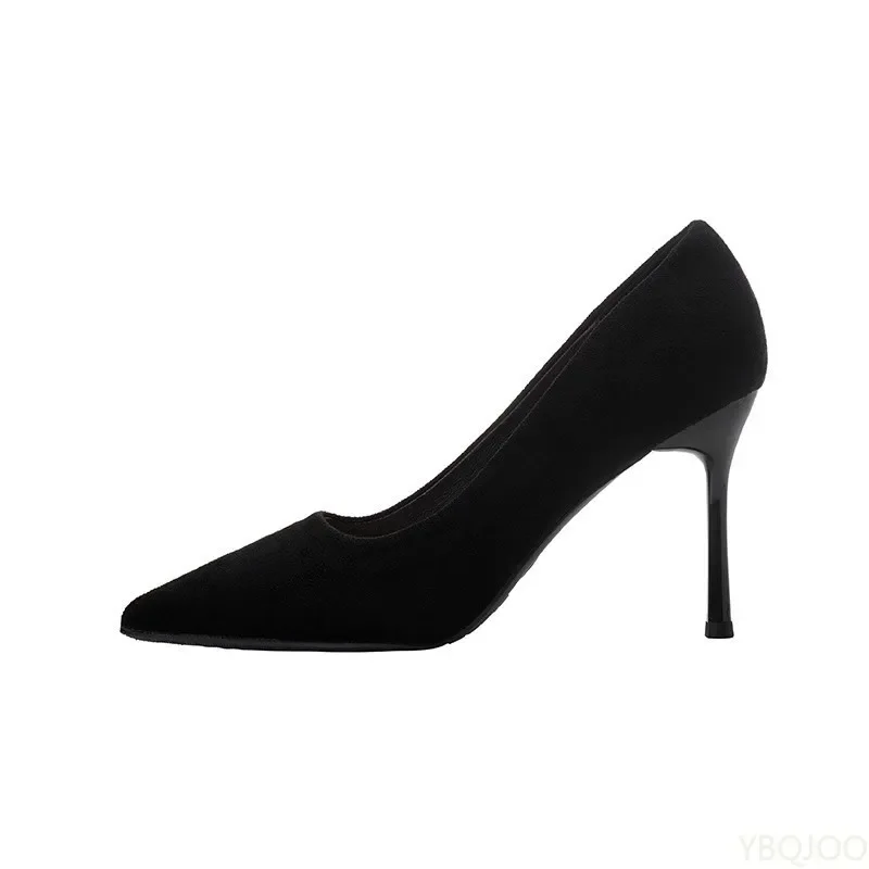 Neue modische Damenschuhe, sexy schwarze High Heels, spitze Wildleder-Pumps, elegante Etikette-Schuhe mit flachem Schaft, Mujer Zapatos – Detail 6