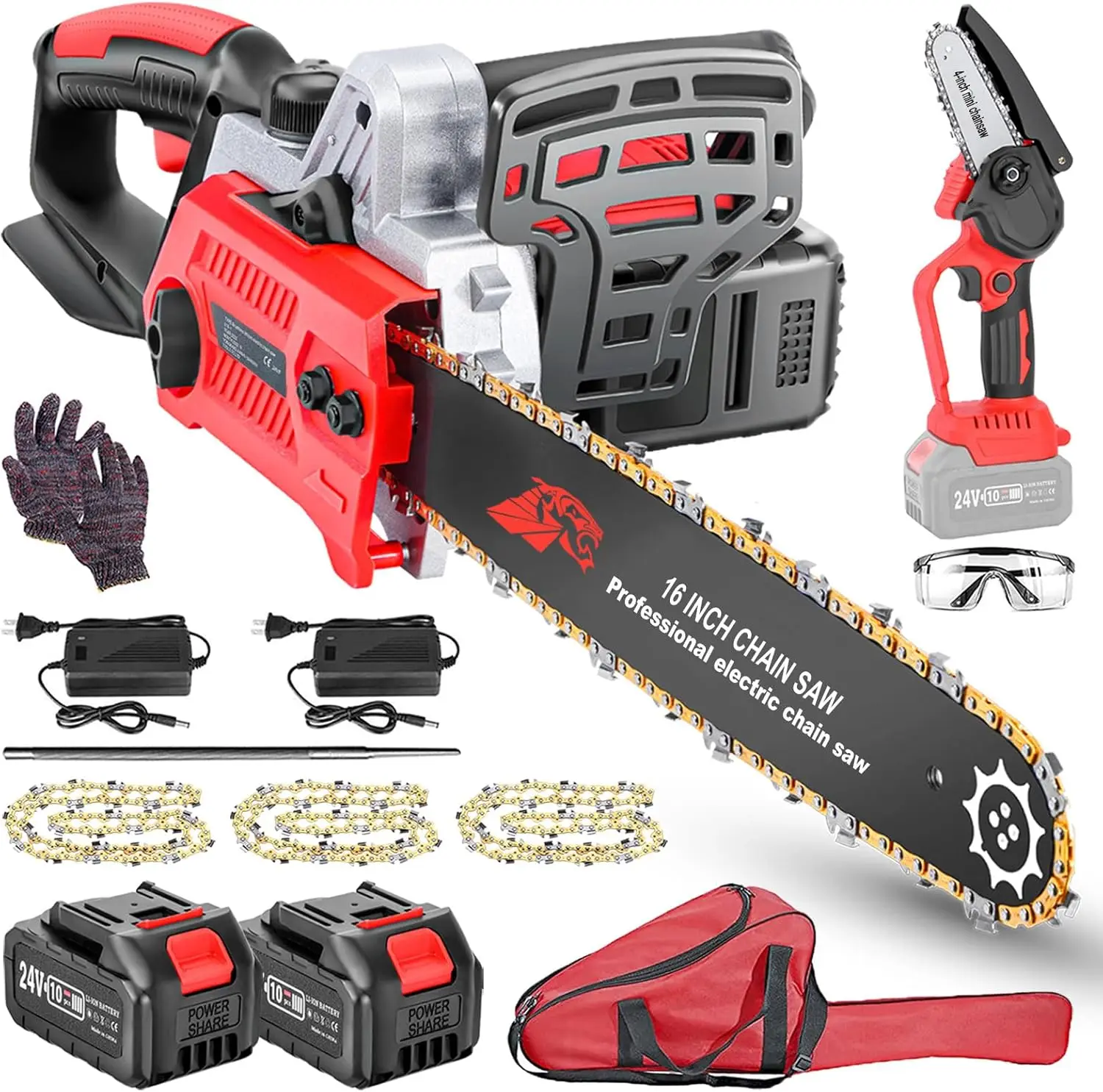 

16-Inch Cordless Chainsaw, Electric Chainsaw with 4.0Ah X2 Batteries and 2 Fast Chargers, 24V Brushless Chain Saw with Tool Free