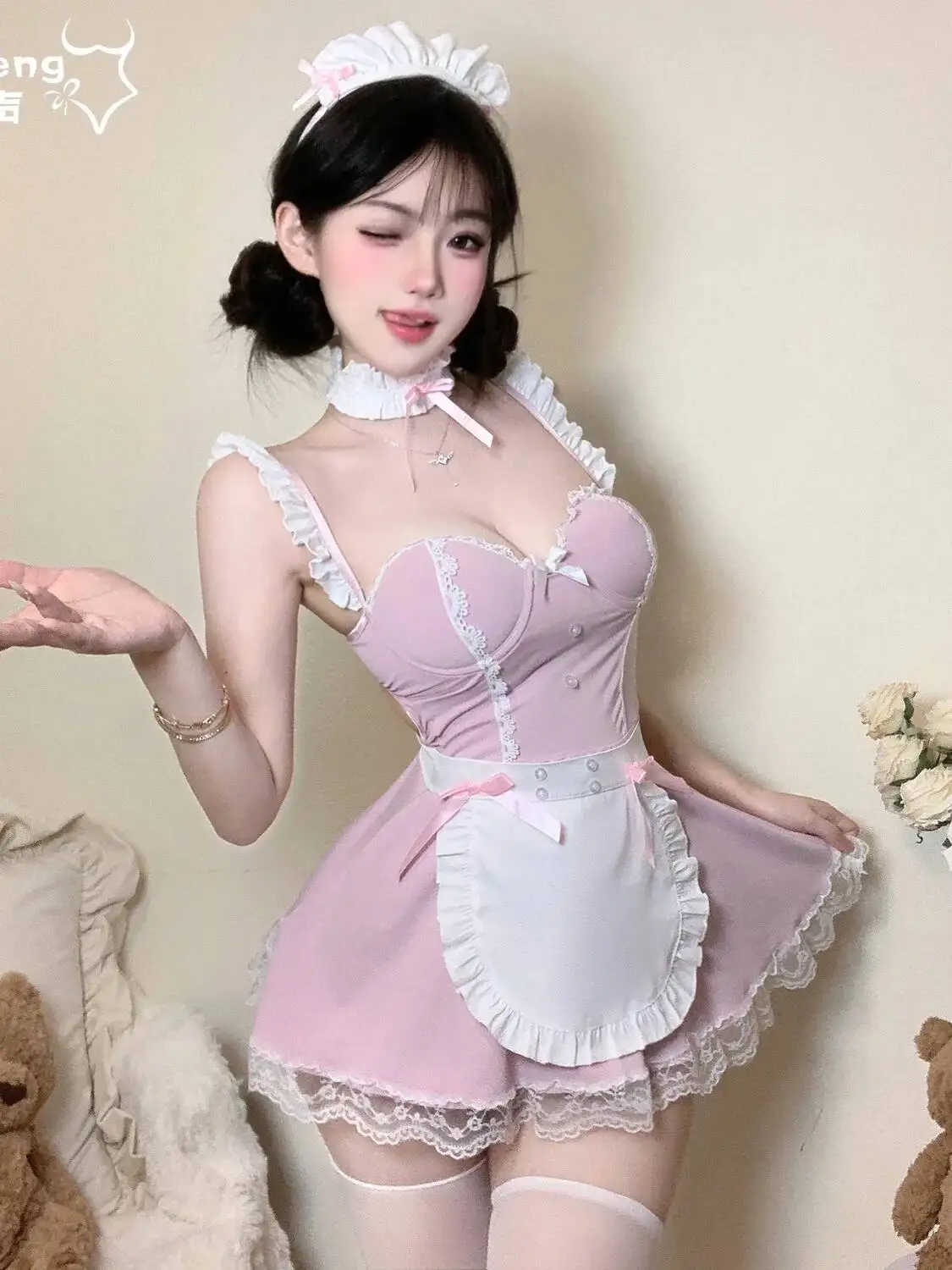 Robe Sexy, uniforme de demoiselle d'honneur, garniture en dentelle SM, joli tablier doux, nœud papillon, dos nu, bretelles en V profond, robe sans manches, pur désir CQDV