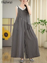 Oversized Summer Plaid Print Jumpsuit Women Wide Leg Loose Pleated Fashion Ladies Jumpsuits V-Neck Sleeveless Woman Jumpsuits