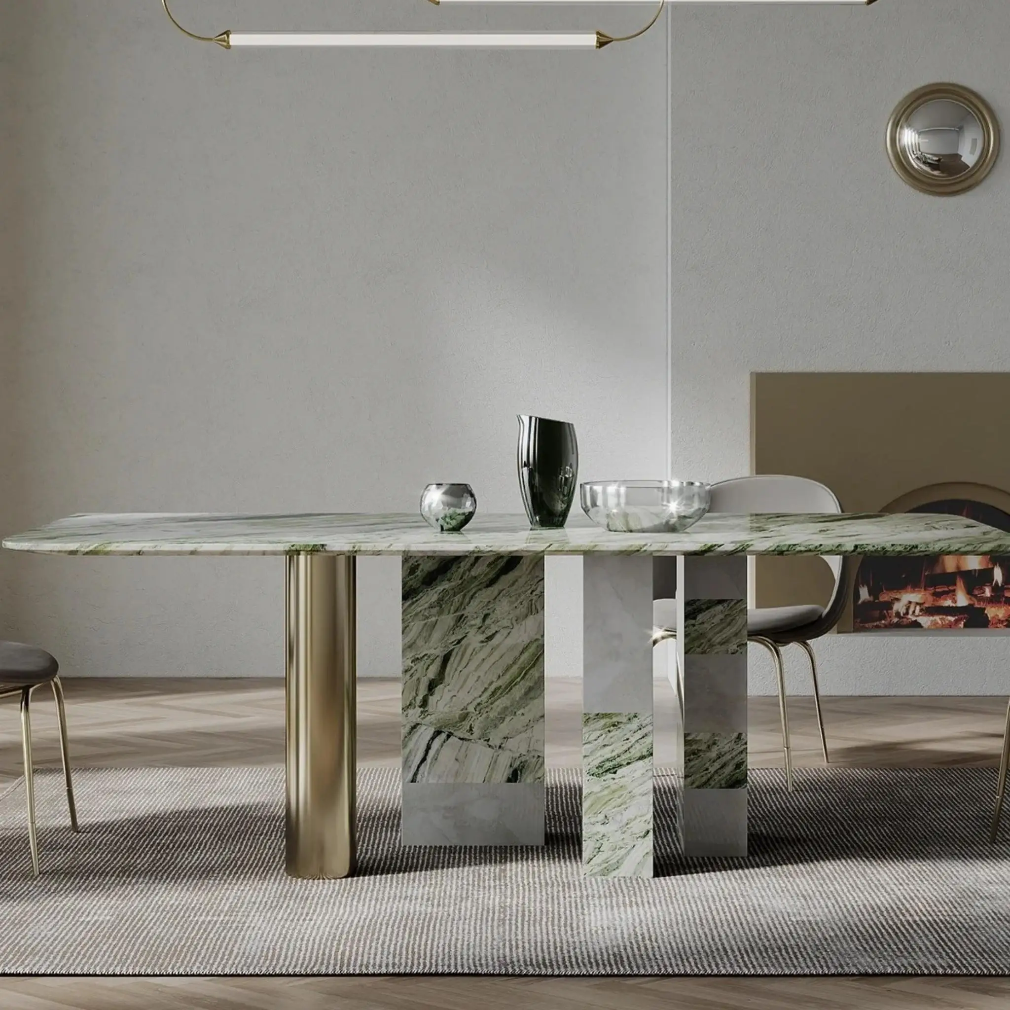 S@ Wabi Style Travertine Material Quality Concrete Texture Dining Table Unique Square Marble Table With Emerald Green Pattern