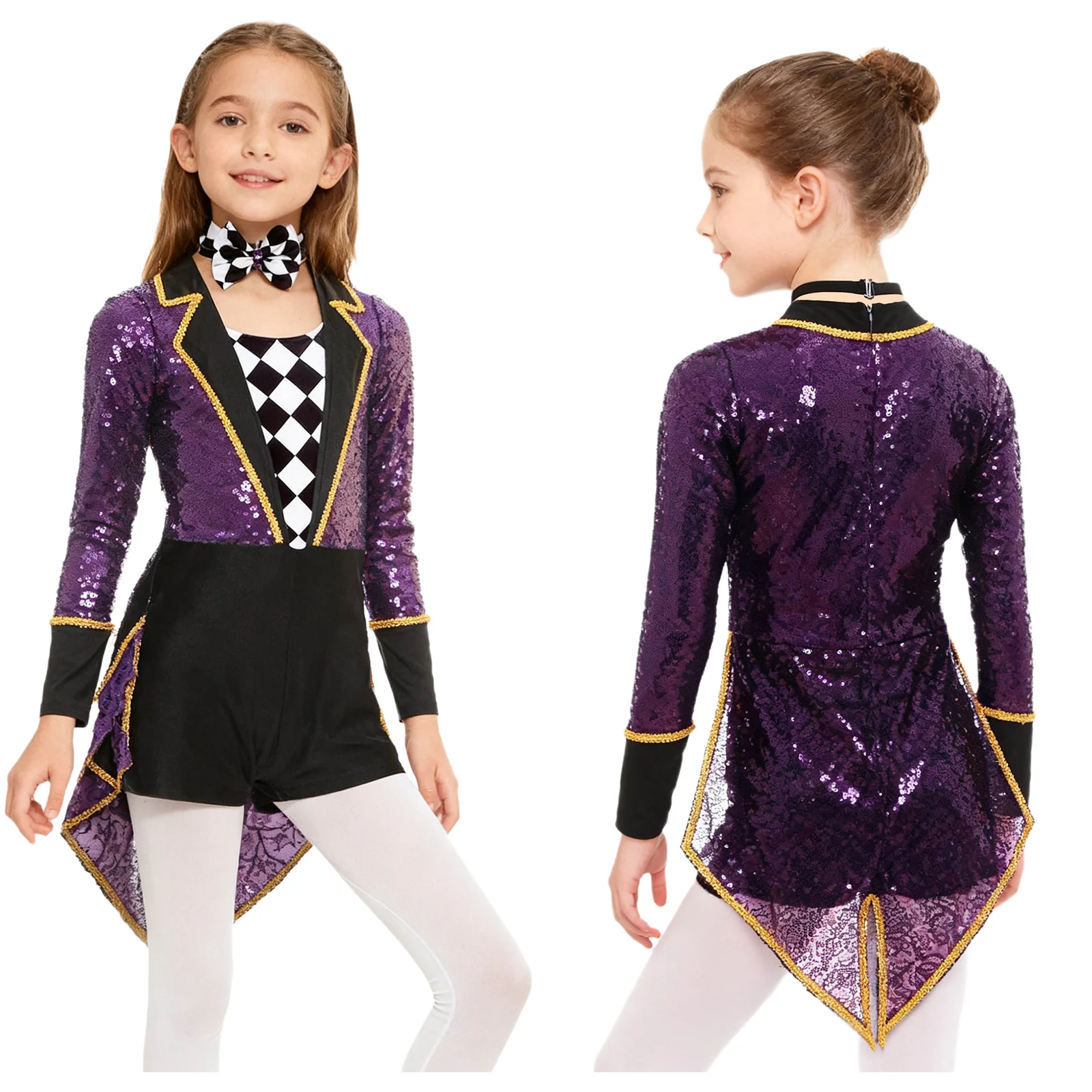 

Kids Unisex Circus Ringmaster Performance Costume Long Sleeve Sequins Tailcoat Bodysuit with Bow Tie for Festival Party Carnival