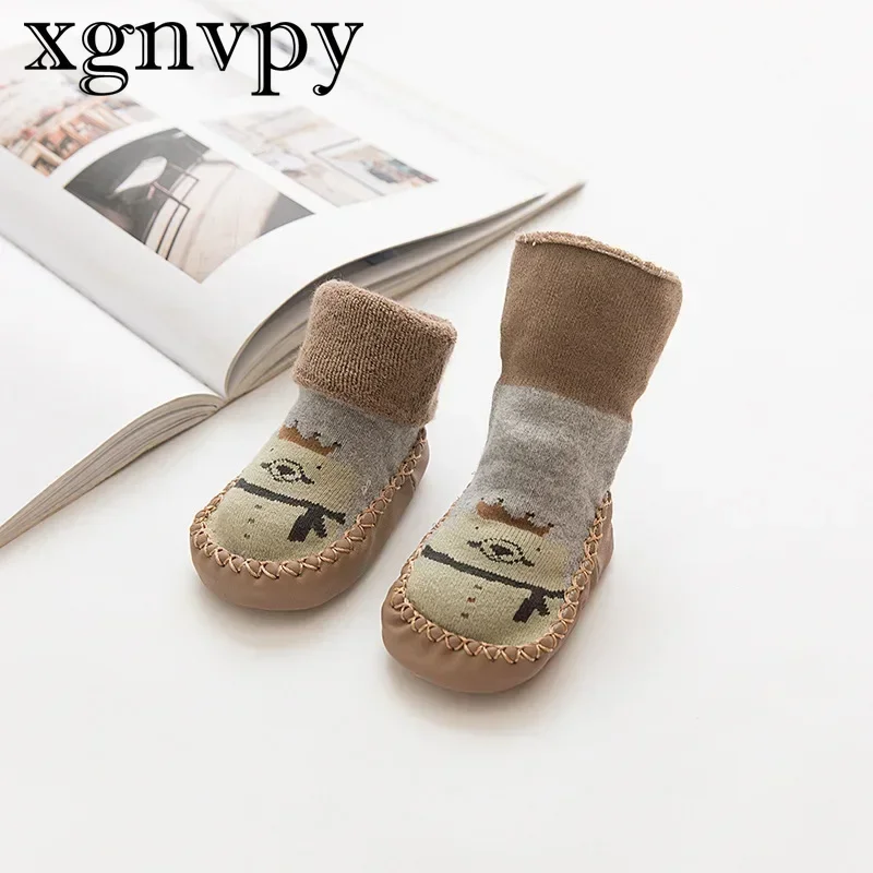 xgnvpy Children's Floor Socks Autumn and Winter Wool Circle Reinforced Soft Sole Non-slip Warm Mid-tube Socks