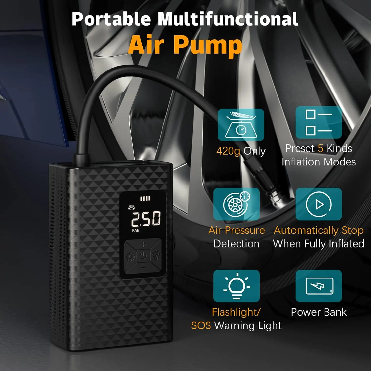 150PSI Car Air Pump Wireless Protable 120W Car Air Compressor Tire Inflation Pump for Motorcycle Bicycle Car Tire Ball Inflator