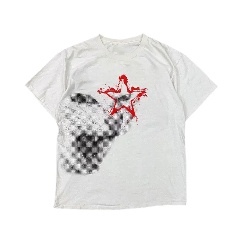 

Cross border 2025 Spring/Summer New Y2K Style T-shirt Gothic Rock Cat Fun Printed Pattern Versatile Women's Clothing