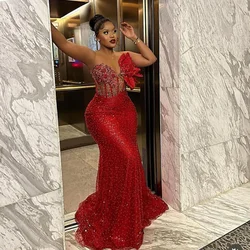 Luxury Red Lace African Long Evening Dresses Floral One Shoulder Mermaid Aso Ebi Formal Party Dress