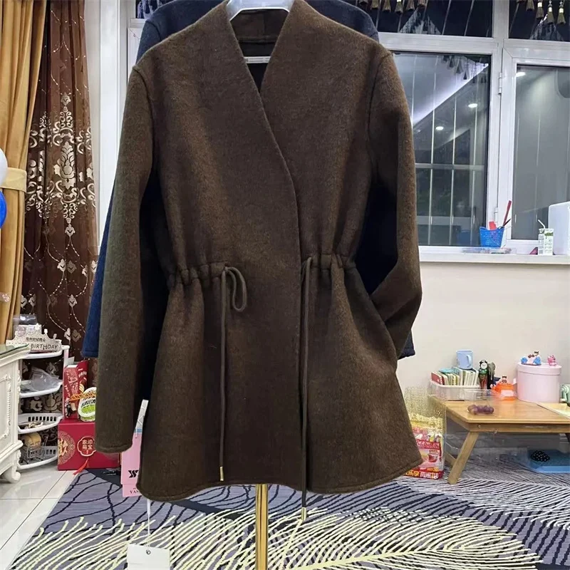 Spring Women V-neck Casual Double Sided Woolen Coat Korean Lady Long Sleeves Wool Jacket Autumn Female Large Size 4XL Blend Tops