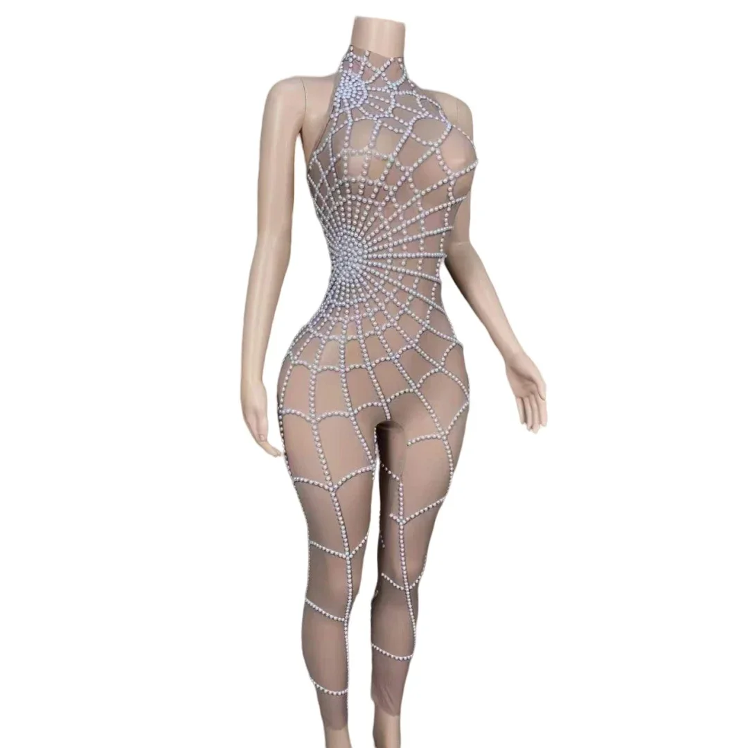 

Backless Beaded Jumpsuits Women Pole Dance Party One Piece Stretch Body Suits Performance Singer Stage Wear Drag Queen Costume