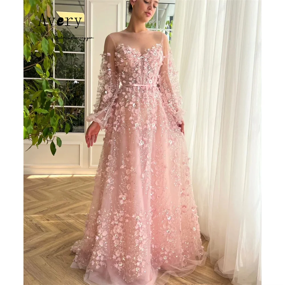 

Avery Customized Pink 3D Flowers Long Sleeves A Line Elegant Evening Dresses for Woman Luxury Women's Elegant Party Dress Prom