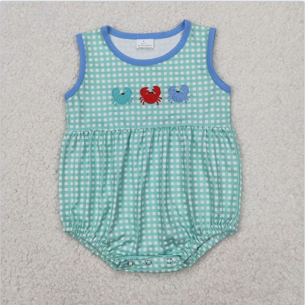 

New Short sleeve Sibing Baby Infant Girls Flutter Sleeves Baby Infant Boys Green Checkered Crabs Rompers