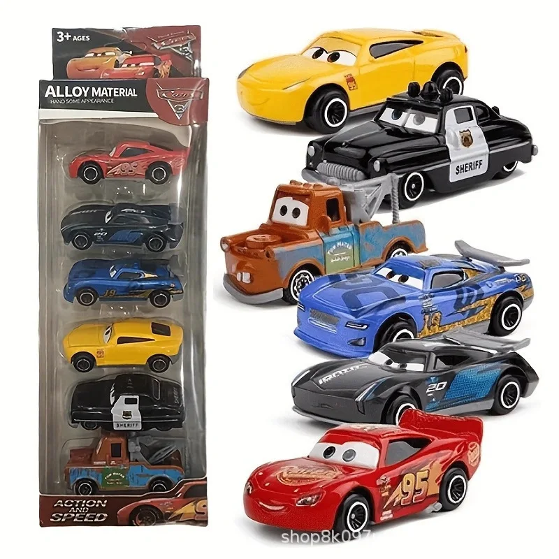 6pcs Disney Lightning McQueen Simulation Car Model Toy, Alloy Toy Car Gift Box, Sheriff's Board Teeth  Boy Birthday Gift McQueen