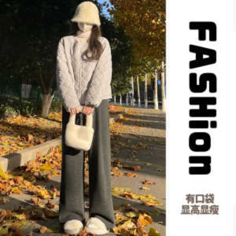 Couleur d'avoine nouvelles femmes automne hiver Plus velours épaissi taille haute droite polyvalent ample décontracté pantalon à jambes larges