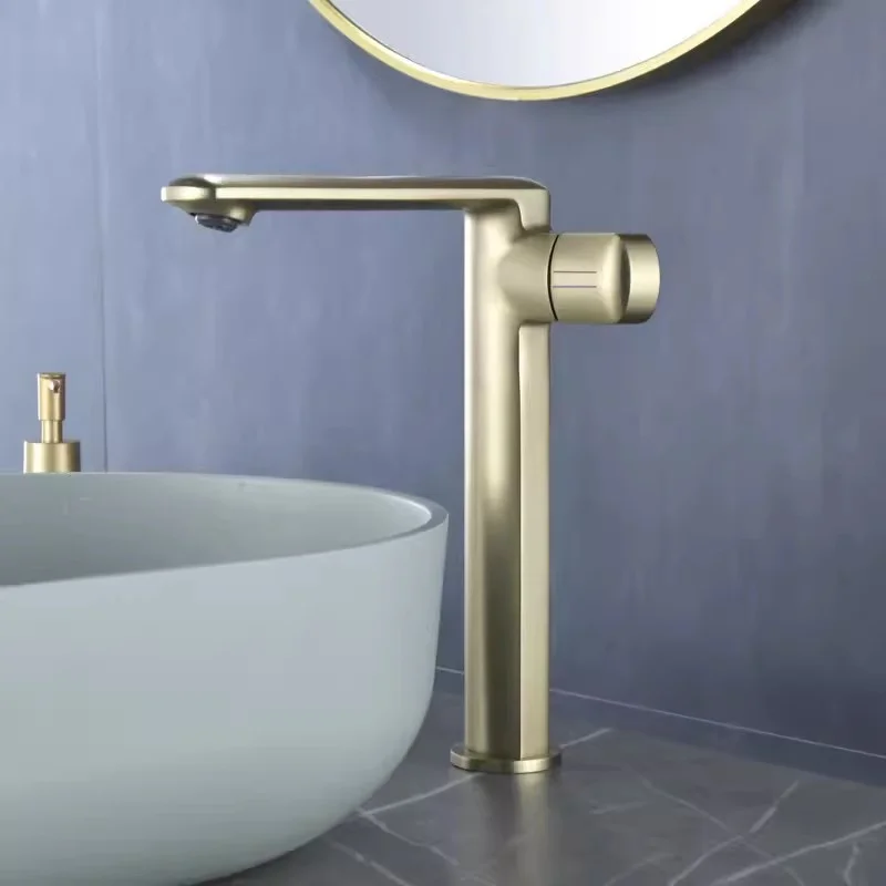 

Brushed Gold Basin Mixer,Brass Sink Faucets,Hot & Cold Bathroom Taps,Single Handle,Deck Mounted,Crane Vessel for Home Hotel use