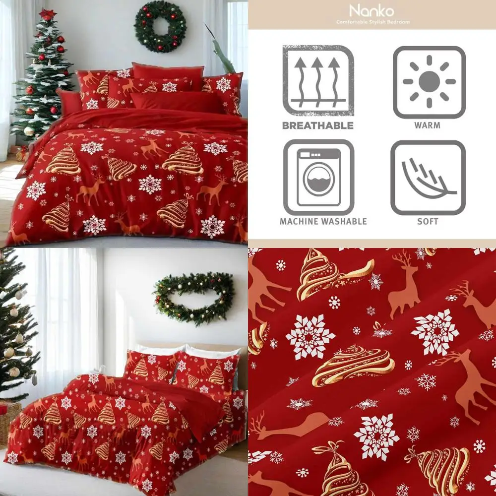 

Queen Size Christmas Duvet Cover Set - Red Deer, Gold Trees, Snow Pattern, Microfiber, 90x90 inches