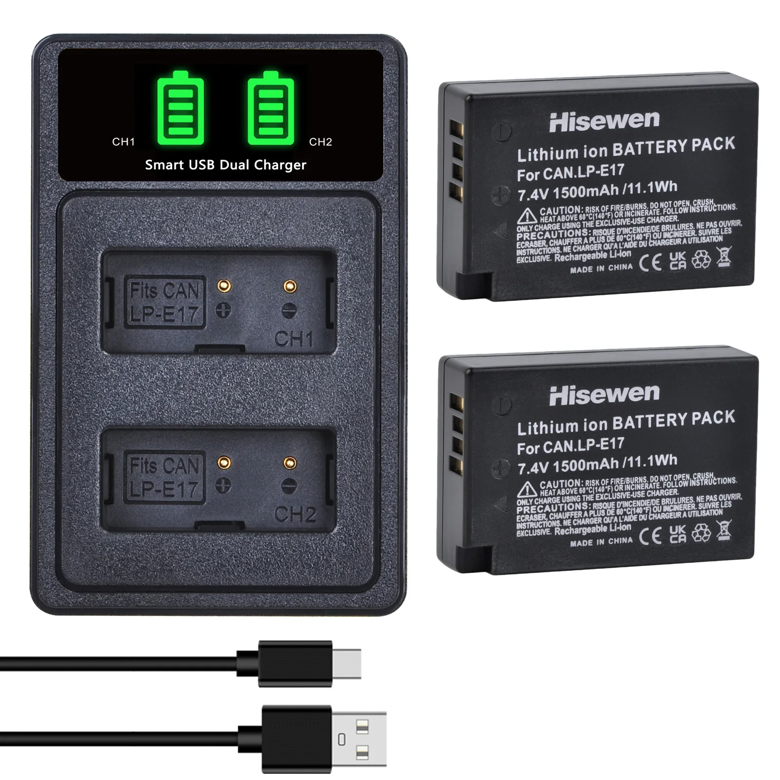 Kit 2 Batterie LP-E17 1500mAh + Caricabatterie Doppio USB-C/Micro Per Canon EOS R100, R10, R50, RP, R8, 750D, 760D, 8000D, 77D, 200D, 250D, 800D, 850D, M3, M5, M6