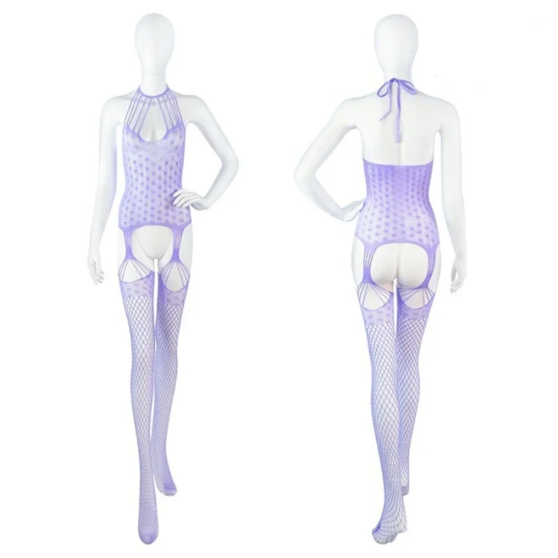 

Sexy Suspender Bodystockings Purple Hollow Jumpsuit Role Play Underwear Fishnet Bodysuit Sexy Lingerie See Through Outfits