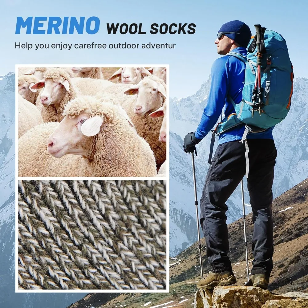 5 Pairs Merino Wool Socks for Men, Super Thick Hiking Thermal Socks for Cold Weather | Washable in Washing Machine