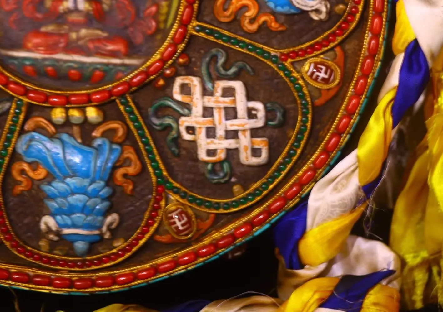 Purple Bronze Painted Mosaic Gem gZi Beads Turquoise Four armed Guanyin Buddha Gawu Box Buddhist Niche Worship Hall