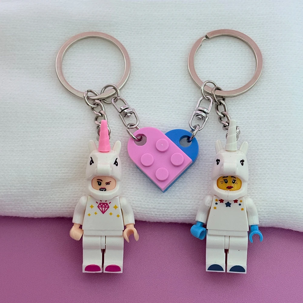 Cute 3D Handmade DIY Unicorn Couple Keychain Cartoon Figures Model Building Block Keychain Backpack Pendant For Friends Gifts