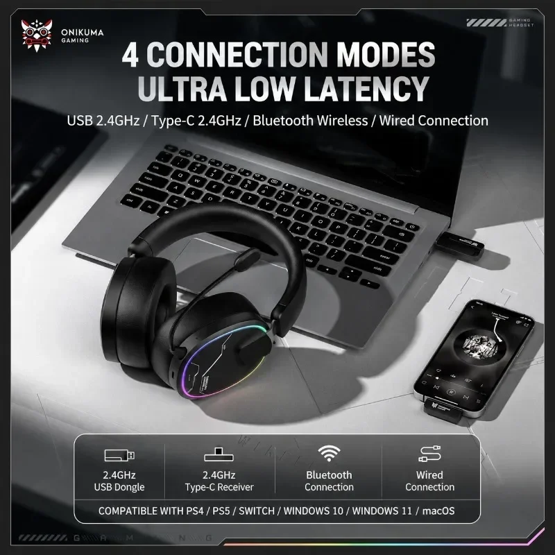 ONIKUMA GT836 Wireless Gaming Headset 2.4G RGB Boom Microphone Low Latency Stereo Audio For PC PS5 Switch Esports Gamer Online