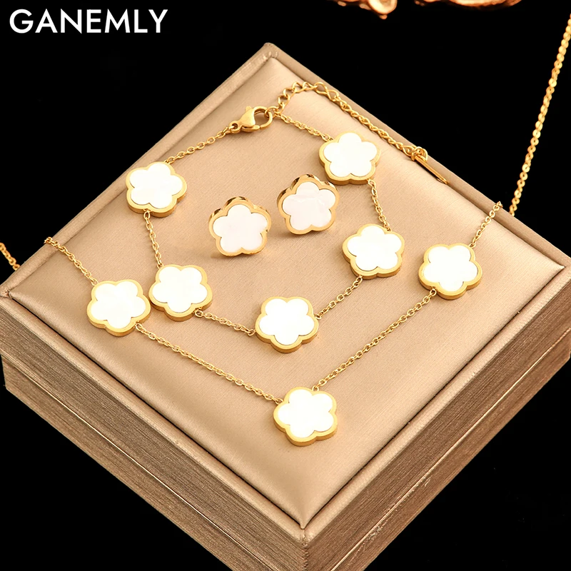 

GANEMLY 316L Stainless Steel White Plum Blossom Five Leaf Flower Necklace Earrings Bracelet Set For Women Clover Jewelry Gift